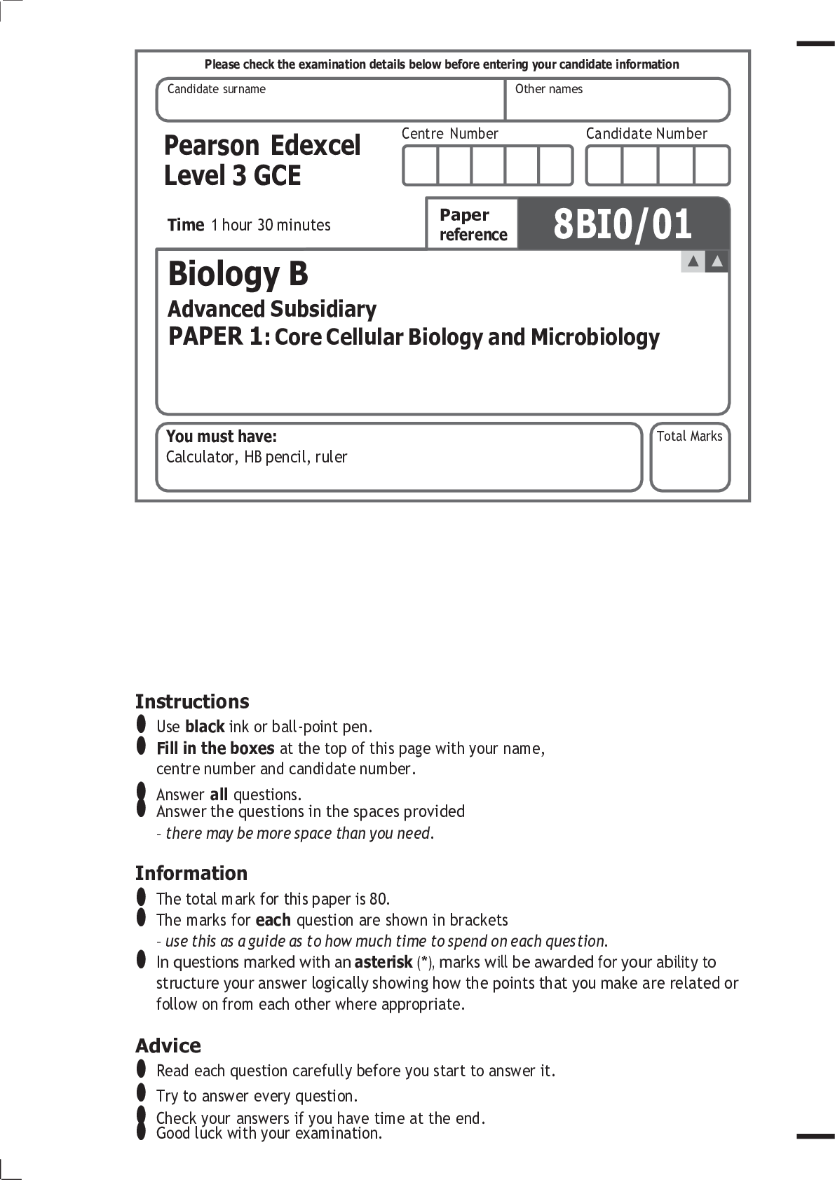 Preview image for Pearson Edexcel Level 3 GCE 8BI0/01 Biology B Advanced Subsidiary PAPER 1: Core Cellular Biology and Microbiology